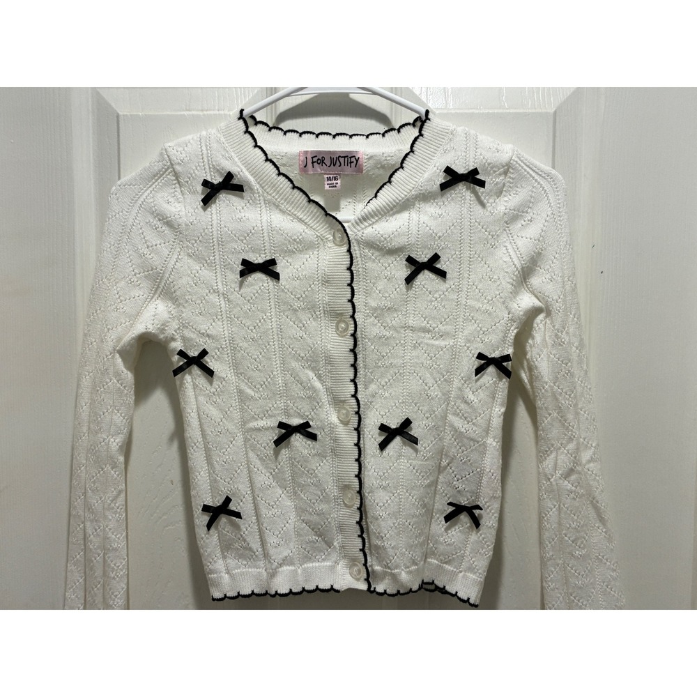 J For Justify Girls White Pointelle Knit Bow Cardigan Sweater Black Trim 14/16